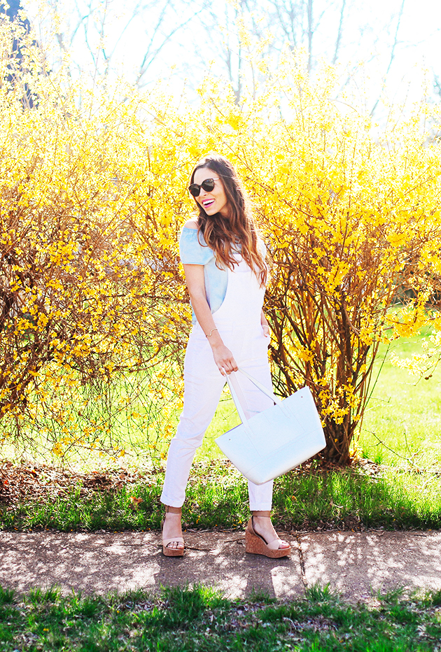 overalls + off the shoulder top